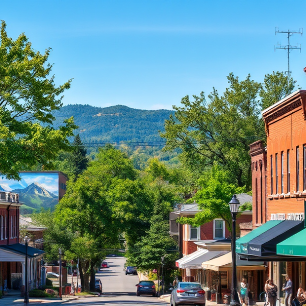 AT&T Coverage, Stores & Plans in Gray, Johnson City TN 37615 A realistic street scene in Gray, Johnson City, TN (37615), showcasing a charming neighborhood with historic brick houses and Craftsman bungalows lining tree-sh