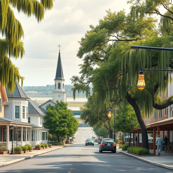 T-Mobile Plans, Coverage & Stores in Hanahan, Charleston SC 29410 A realistic street scene in Hanahan, Charleston, SC (29410), featuring charming lowcountry architecture with pastel-colored bungalows, front porches adorned wit