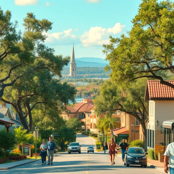 AT&T Coverage, Stores & Plans in Hidden Hills, Jacksonville FL 32235 A realistic street scene in Hidden Hills, Jacksonville, FL (zip 32235), showcasing lush greenery and mature oak trees lining quiet residential streets with dist
