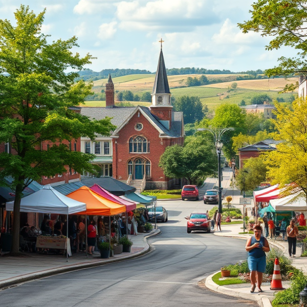 AT&T Coverage, Stores & Plans in Hoagland Masterson, Fort Wayne IN 46869 A realistic, aspirational street scene of Hoagland Masterson in Fort Wayne, IN 46869, showcasing a charming neighborhood with vibrant murals depicting local his
