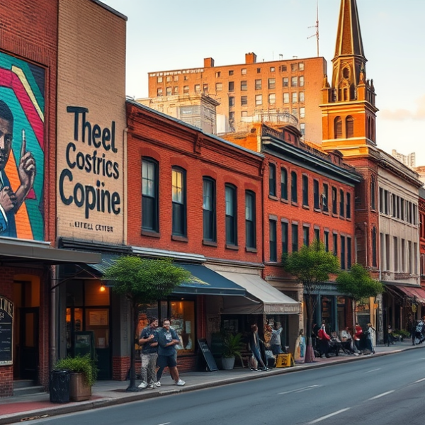AT&T Coverage, Stores & Plans in Hotel District, Atlanta GA 30303 A vibrant street scene in Atlanta's Hotel District (30303), showcasing a lively urban block with murals depicting Georgia's history and jazz legends inside a mo