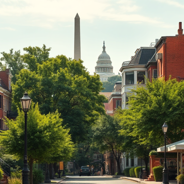 T-Mobile Plans, Coverage & Stores in Kalorama, Washington DC 20428 A realistic street scene in Kalorama, Washington, DC, showcasing elegant early 20th-century rowhouses with ornate facades, lush greenery lining the sidewalks, a