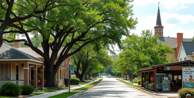 A vibrant neighborhood street in klein, spring, tx 77379, featuring lush greenery and mature oak and pecan trees lining the sidewalks, with charming suburban ho