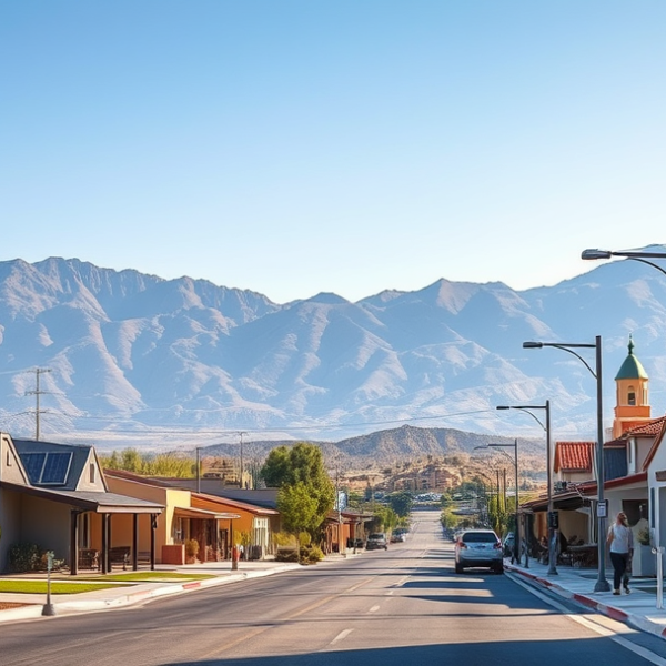 AT&T Coverage, Stores & Plans in Lake Los Angeles, Palmdale CA 93591 A realistic street scene in Lake Los Angeles, Palmdale, CA 93591, featuring a quiet residential neighborhood with single-story ranch-style homes and modern stuc