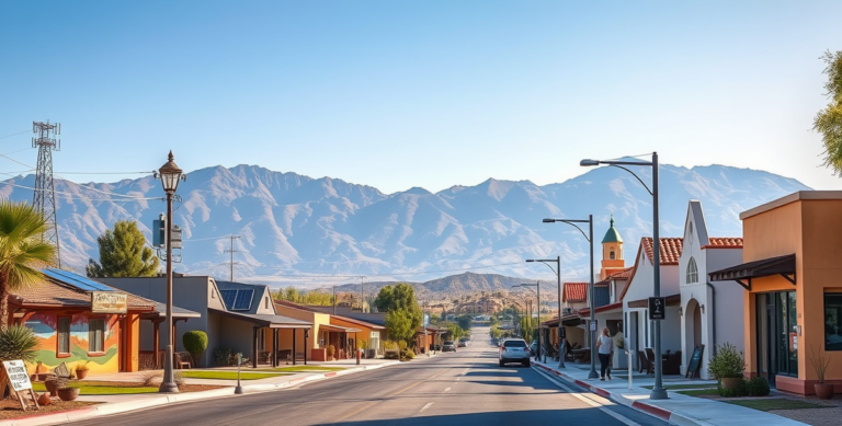 A realistic street scene in Lake Los Angeles, Palmdale, CA 93591, featuring a quiet residential neighborhood with single-story ranch-style homes and modern stuc