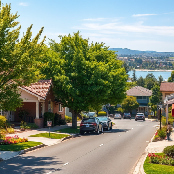 AT&T Coverage, Stores & Plans in Lakeview, Stockton CA 95269 A realistic street scene in Lakeview, Stockton, CA 95269, bustling with vibrant local life: charming single-story Craftsman and ranch-style houses with well-kep