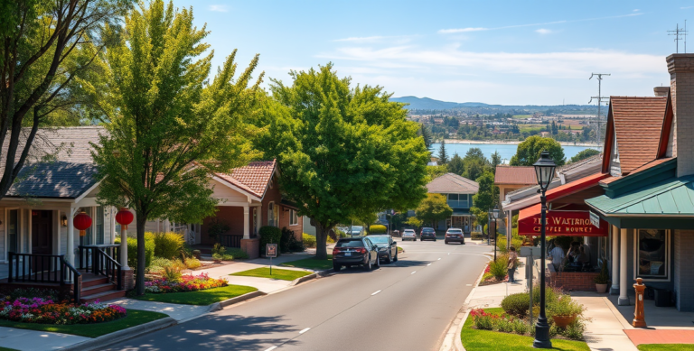 A realistic street scene in Lakeview, Stockton, CA 95269, bustling with vibrant local life: charming single-story Craftsman and ranch-style houses with well-kep
