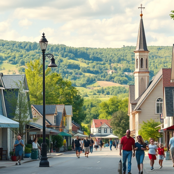 AT&T Coverage, Stores & Plans in Liberty Township, Jefferson City MO 65104 A lively street scene in Liberty Township, Jefferson City, MO (65104), showcasing a charming mix of historic and modern architecture with cozy brick houses and