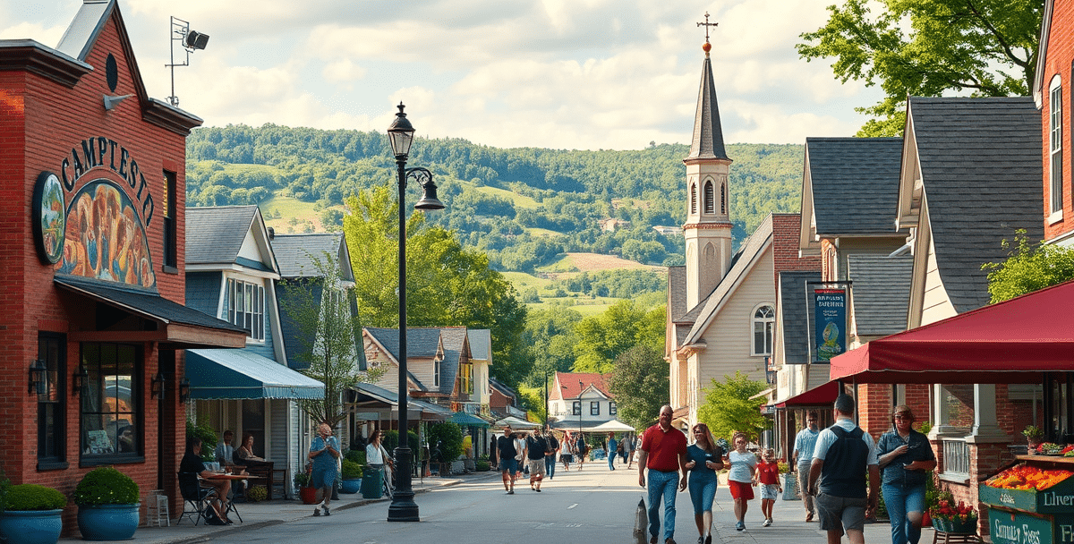 A lively street scene in liberty township, jefferson city, mo (65104), showcasing a charming mix of historic and modern architecture with cozy brick houses and