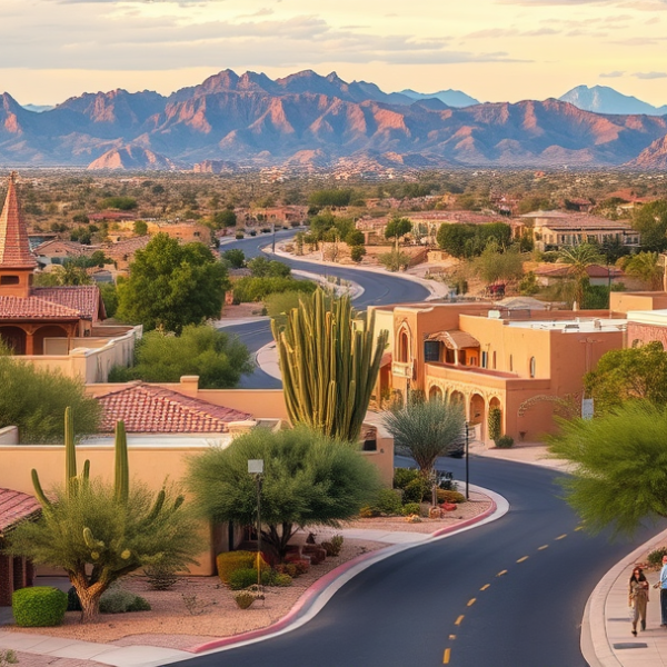 T-Mobile Plans, Coverage & Stores in Lone Mountain Vista, Scottsdale AZ 85266 A realistic, aspirational street scene in Lone Mountain Vista, Scottsdale, AZ 85266, featuring lush desert landscaping and rugged natural terrain in the backgro