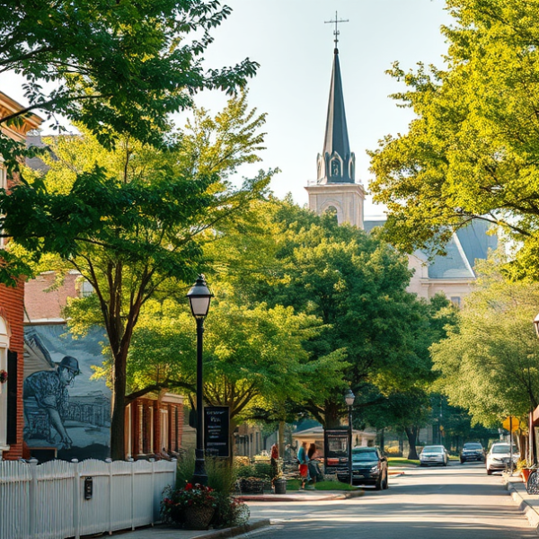 AT&T Coverage, Stores & Plans in Mid-town Brandywine, Wilmington DE 19890 A vibrant mid-town Wilmington street scene in Brandywine, DE 19890, showcasing charming historic houses with brick facades and white picket fences, lush green t