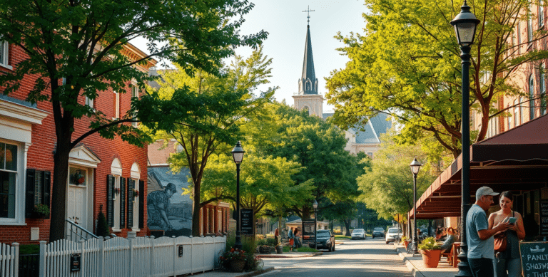 A vibrant mid-town wilmington street scene in brandywine, de 19890, showcasing charming historic houses with brick facades and white picket fences, lush green t