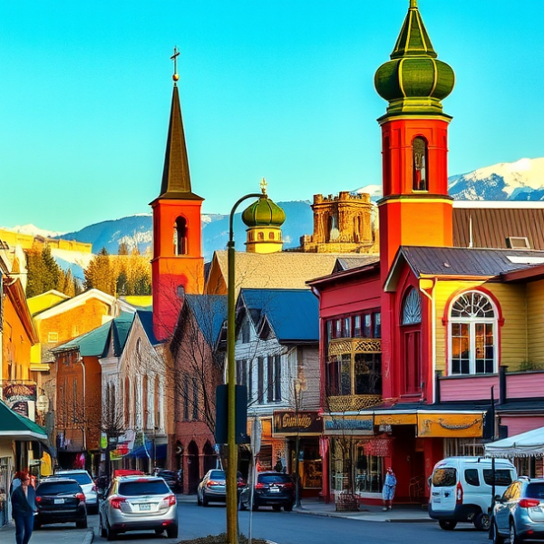 AT&T Coverage, Stores & Plans in Midtown, Anchorage AK 99599 A lively street scene in Midtown Anchorage, AK 99599, featuring vibrant murals depicting Alaskan wildlife and indigenous art adorning brick walls, with cozy caf