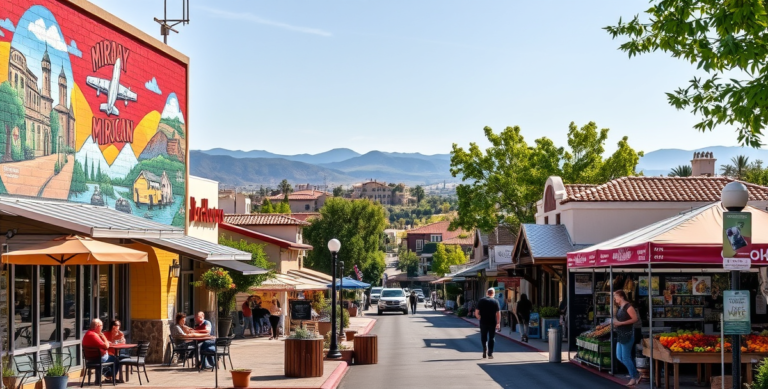 A lively street scene in Miramar, San Diego, CA (92145), featuring vibrant murals depicting local history and aviation culture on colorful building facades, wit