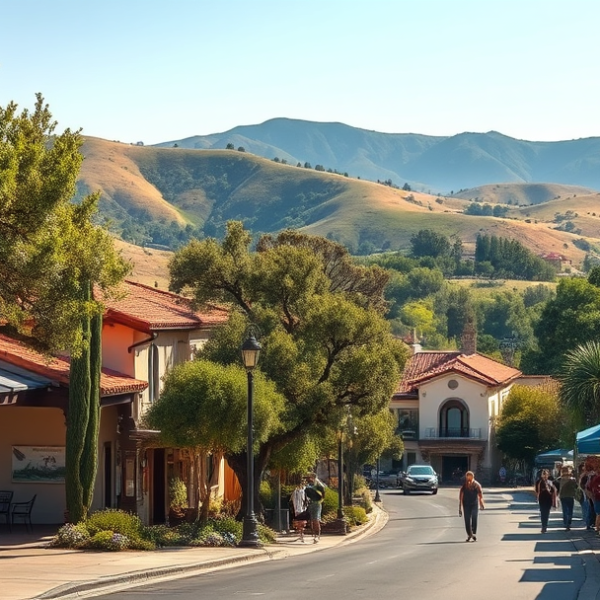 AT&T Coverage, Stores & Plans in Montecito, Santa Barbara CA 93150 A realistic street scene in Montecito, Santa Barbara, CA 93150, featuring lush, rolling hills and mature oak trees lining elegant, historic Mediterranean Reviva