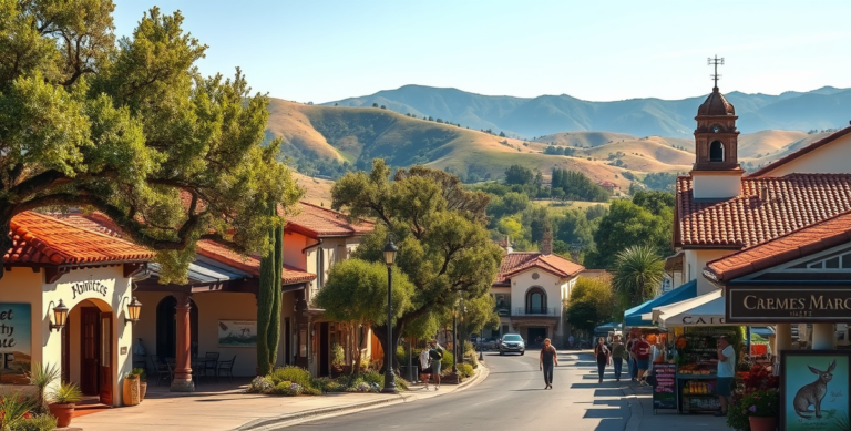 A realistic street scene in Montecito, Santa Barbara, CA 93150, featuring lush, rolling hills and mature oak trees lining elegant, historic Mediterranean Reviva