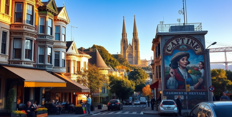 A realistic street scene in Nob Hill, San Francisco, CA 94108, vibrant with early morning light. Elegant Victorian and Edwardian houses line the hillside, their