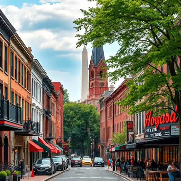 T-Mobile Plans, Coverage & Stores in North Capitol Street, Washington DC 20402 A vibrant street scene along North Capitol Street in Washington, DC (20402), featuring historic rowhouses with brick facades and ornate ironwork, interspersed w