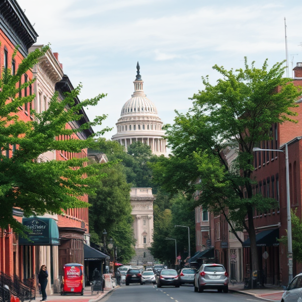 AT&T Coverage, Stores & Plans in North Capitol Street, Washington DC 20573 A vibrant street scene along North Capitol Street in Washington, DC, showcasing a lively neighborhood with historic rowhouses featuring brick facades, ornate co