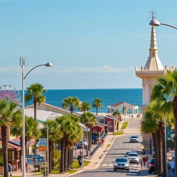 T-Mobile Plans, Coverage & Stores in Ocean Boulevard, Myrtle Beach SC 29577 A vibrant street scene along Ocean Boulevard in Myrtle Beach, SC (29577), showcasing a lively coastal atmosphere with colorful murals depicting marine life and