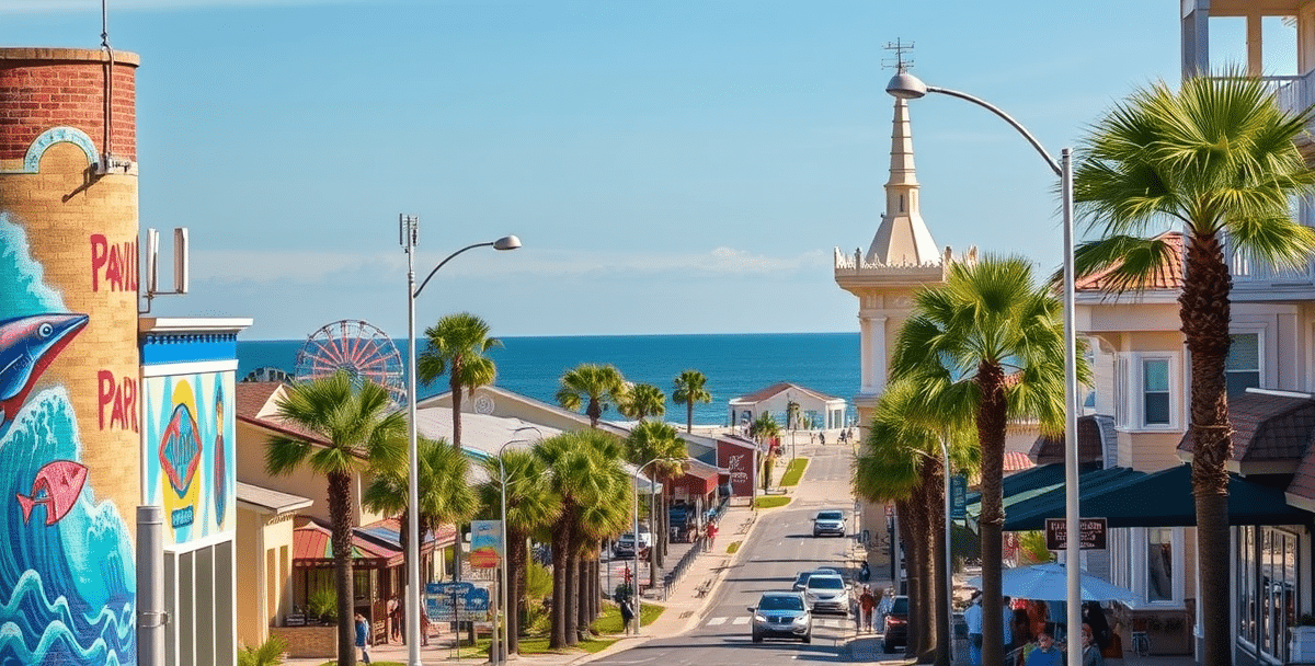 A vibrant street scene along ocean boulevard in myrtle beach, sc (29577), showcasing a lively coastal atmosphere with colorful murals depicting marine life and