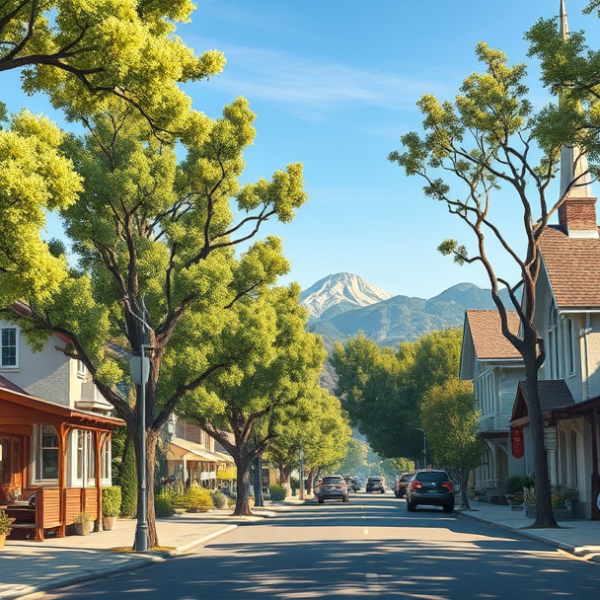 AT&T Coverage, Stores & Plans in Old Mountain View, CA 94039 A realistic, aspirational street scene in Old Mountain View, CA 94039, showcasing charming vintage houses with Craftsman and bungalow architecture, tree-lined s