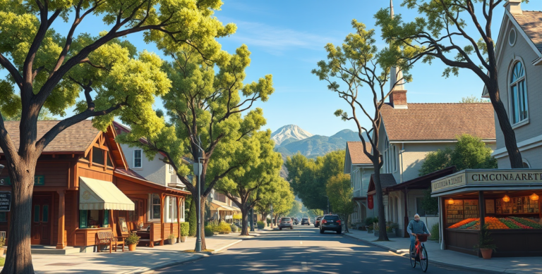 A realistic, aspirational street scene in Old Mountain View, CA 94039, showcasing charming vintage houses with Craftsman and bungalow architecture, tree-lined s