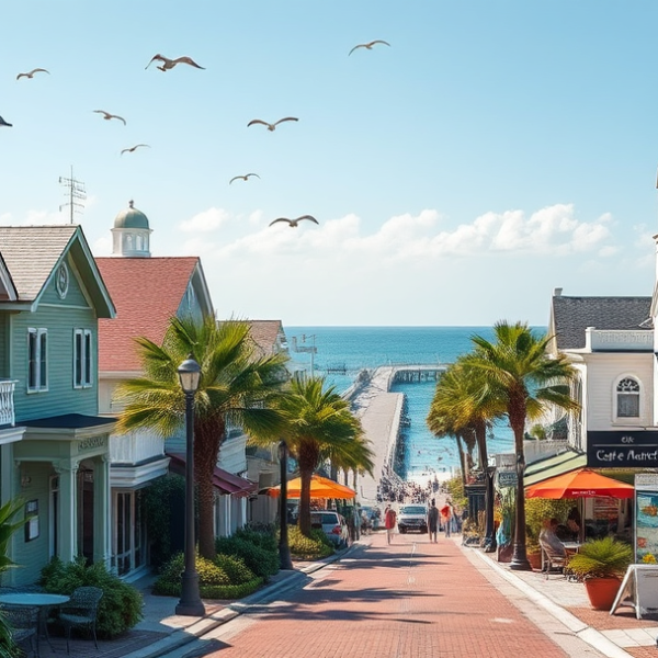 AT&T Coverage, Stores & Plans in Old Naples, FL 34102 A realistic, aspirational street scene in Old Naples, FL (zip 34102), showcasing charming historic cottages with pastel hues, wrought-iron balconies, and lush t