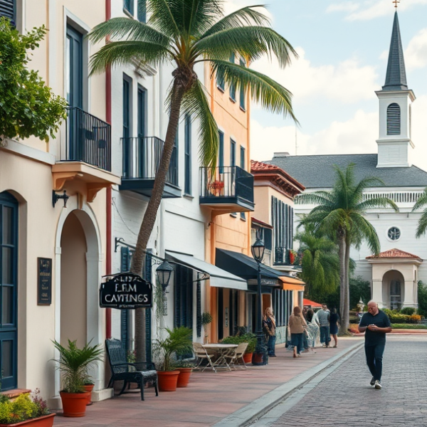 AT&T Coverage, Stores & Plans in Old Naples, FL 34117 A realistic street scene in Old Naples, FL (34117), showcasing charming historic homes with pastel-colored stucco facades, lush tropical landscaping, and wrough