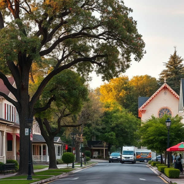 AT&T Coverage, Stores & Plans in Old Palo Alto, CA 94302 A realistic street scene in Old Palo Alto, CA 94302, showcasing charming early 20th-century Craftsman and Colonial Revival houses with manicured lawns and vinta