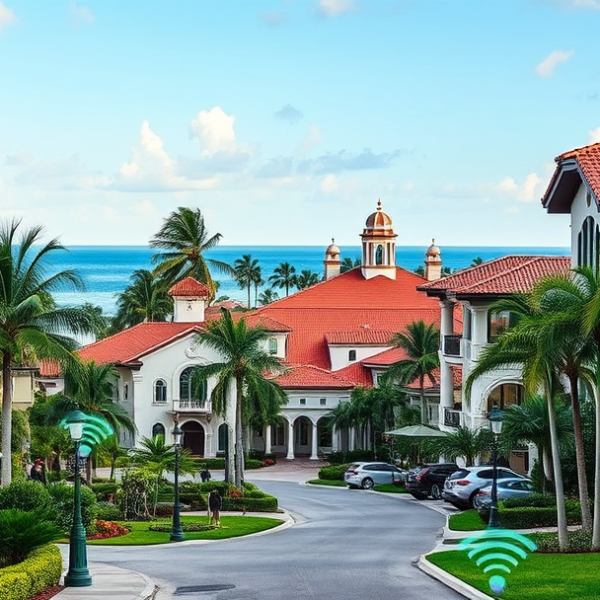 AT&T Coverage, Stores & Plans in Park Shore, Naples FL 34103 A vibrant residential street in Park Shore, Naples, FL 34103, featuring lush tropical landscaping and upscale Mediterranean-style homes with stucco walls, terra