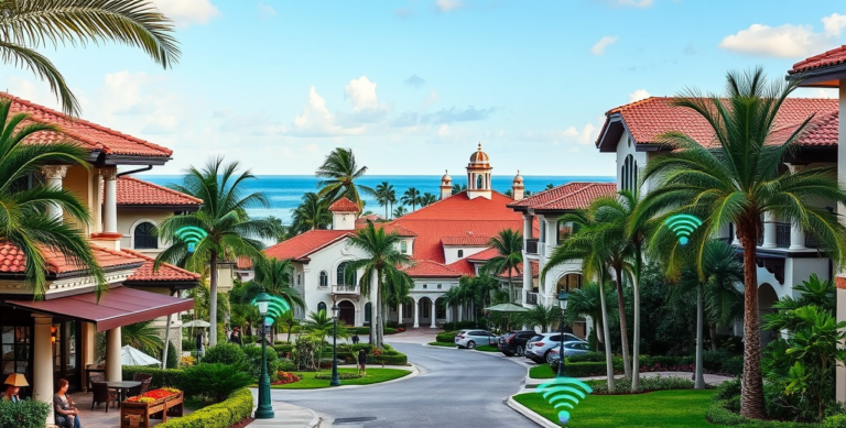 A vibrant residential street in Park Shore, Naples, FL 34103, featuring lush tropical landscaping and upscale Mediterranean-style homes with stucco walls, terra