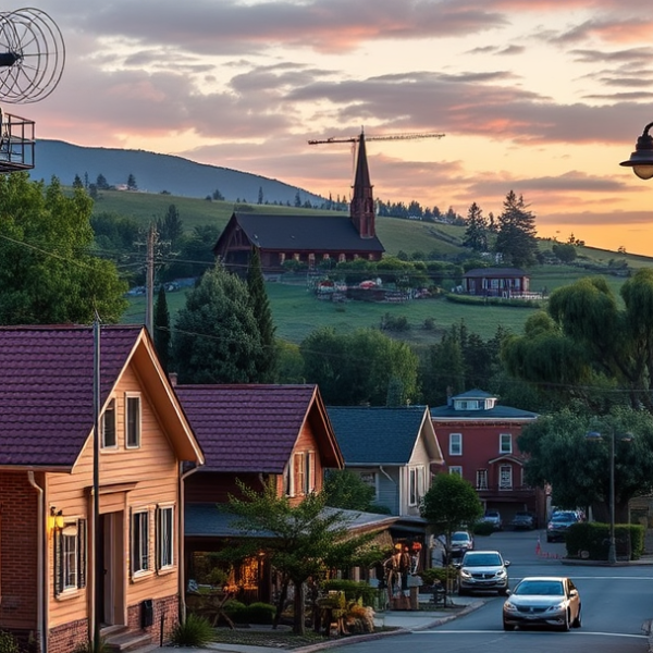 AT&T Coverage, Stores & Plans in Penngrove, Petaluma CA 94954 A realistic street scene in Penngrove, Petaluma, CA 94954, showcasing charming vintage houses with red-tile roofs and weathered wood siding, nestled along tree-
