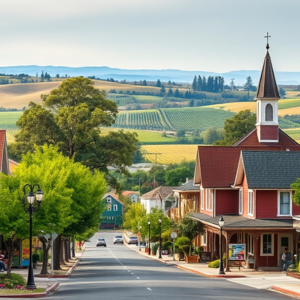 AT&T Coverage, Stores & Plans in Penngrove, Petaluma CA 94975 A realistic street scene in Penngrove, Petaluma, CA 94975, featuring charming vintage houses with colorful porch accents and well-kept gardens, lined along tree