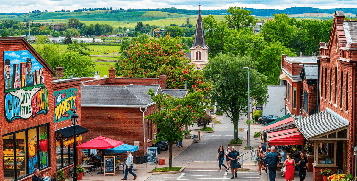 A lively street scene in peoria city township, peoria, il 61654, showcasing a vibrant neighborhood with colorful murals depicting local history and community pr