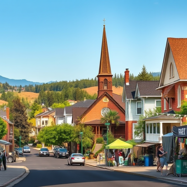 AT&T Coverage, Stores & Plans in Pleasant Valley, Portland OR 97236 A lively street scene in Pleasant Valley, Portland, OR (97236), showcasing a vibrant neighborhood with murals depicting local history and nature on brick walls,