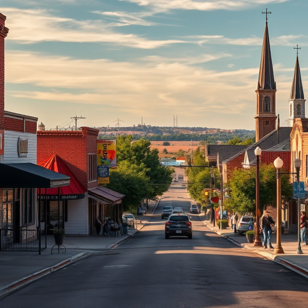 AT&T Coverage, Stores & Plans in Potosi, Abilene TX 79602 A realistic, aspirational street scene in Potosi, Abilene, TX (79602), capturing a vibrant neighborhood with murals inside local community centers, colorful str