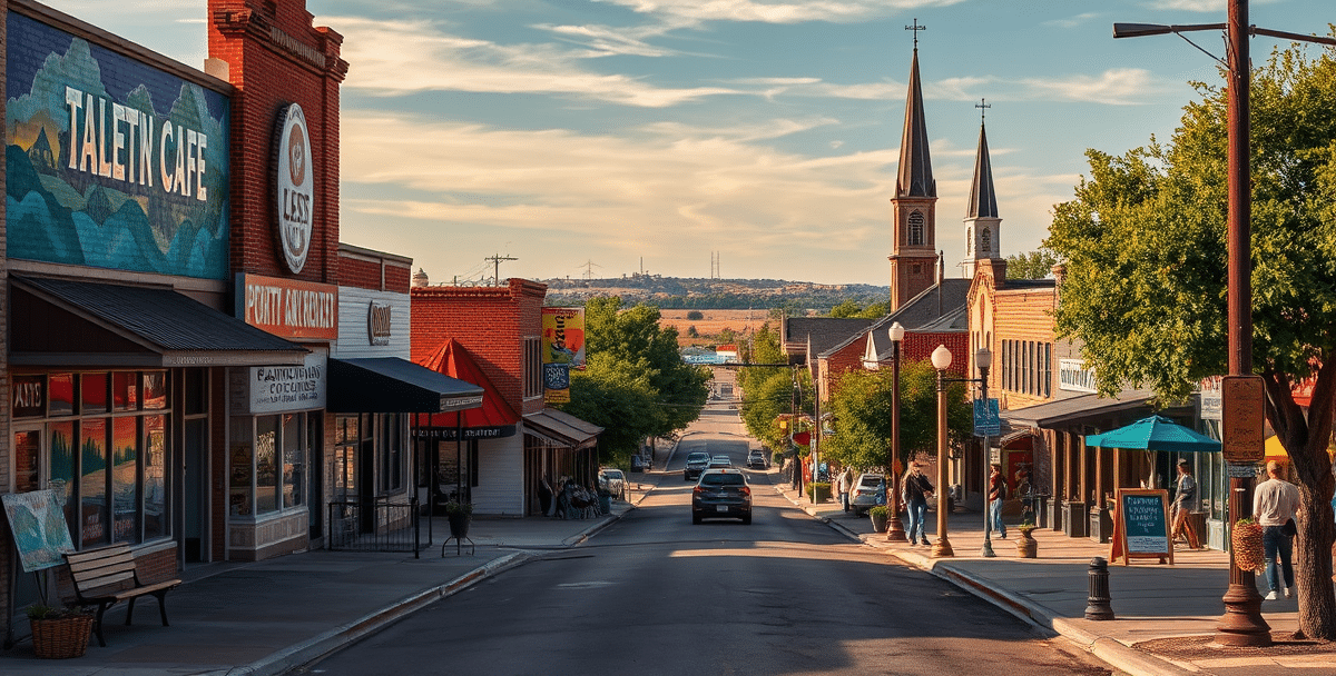 A realistic, aspirational street scene in potosi, abilene, tx (79602), capturing a vibrant neighborhood with murals inside local community centers, colorful str