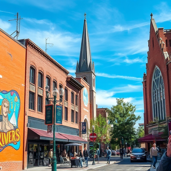 AT&T Coverage, Stores & Plans in Riverwalk District, Reno NV 89501 A lively street scene in the Riverwalk District, Reno, NV (89501), showcasing vibrant murals depicting local history and abstract art along brick-walled buildin