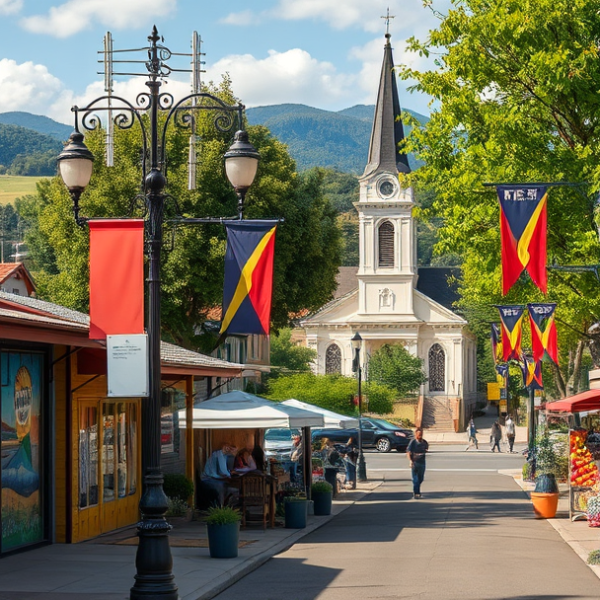 AT&T Coverage, Stores & Plans in Salida, Modesto CA 95357 A realistic street scene in Salida, Modesto, CA (95357), showcasing vibrant neighborhood murals depicting local history and community spirit, with a cozy café s