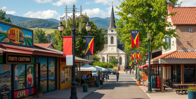 A realistic street scene in Salida, Modesto, CA (95357), showcasing vibrant neighborhood murals depicting local history and community spirit, with a cozy café s