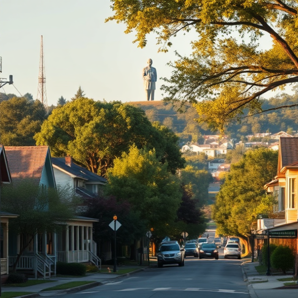 AT&T Coverage, Stores & Plans in Sand Ridge, Birmingham AL 35229 A realistic street scene in Sand Ridge, Birmingham, AL 35229, showcasing charming early 20th-century Craftsman and bungalow homes with vibrant porches, nestled
