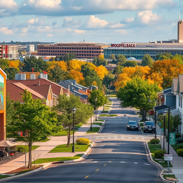 AT&T Coverage, Stores & Plans in Schaumburg Township, Schaumburg IL 60194 A realistic street scene in Schaumburg Township, Schaumburg, IL 60194, showcasing vibrant local landmarks: a colorful mural depicting Schaumburg's history on a