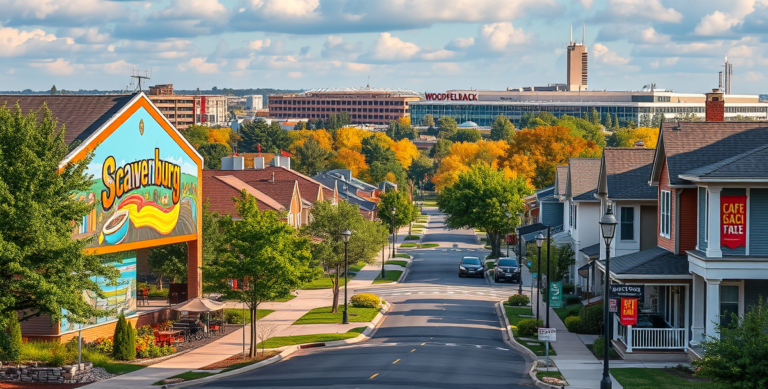 A realistic street scene in Schaumburg Township, Schaumburg, IL 60194, showcasing vibrant local landmarks: a colorful mural depicting Schaumburg's history on a