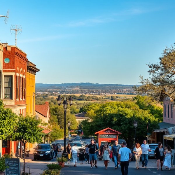 AT&T Coverage, Stores & Plans in South Austin, TX 78715 A lively street scene in South Austin, TX (78715), featuring vibrant murals depicting local music and cultural heritage on colorful building facades, with the i