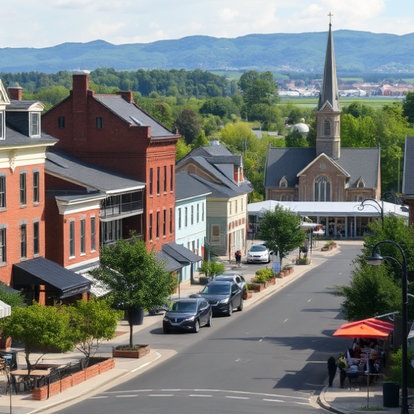 AT&T Coverage, Stores & Plans in South Charleston, WV 25336 A realistic street scene in South Charleston, WV 25336, showcasing a charming neighborhood with historic brick houses featuring Victorian and Craftsman details,
