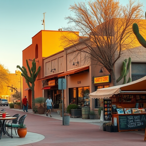 AT&T Coverage, Stores & Plans in South Scottsdale, AZ 85252 A realistic, aspirational street scene in South Scottsdale, AZ 85252, showcasing vibrant desert-inspired murals depicting cacti and southwestern motifs on local