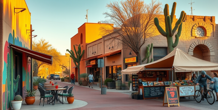 A realistic, aspirational street scene in South Scottsdale, AZ 85252, showcasing vibrant desert-inspired murals depicting cacti and southwestern motifs on local