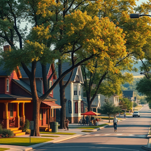AT&T Coverage, Stores & Plans in Southwest Lincoln, NE 68526 A realistic street scene in Southwest Lincoln, NE (zip code 68526), showcasing vibrant neighborhood life with charming early 20th-century craftsman homes and mo