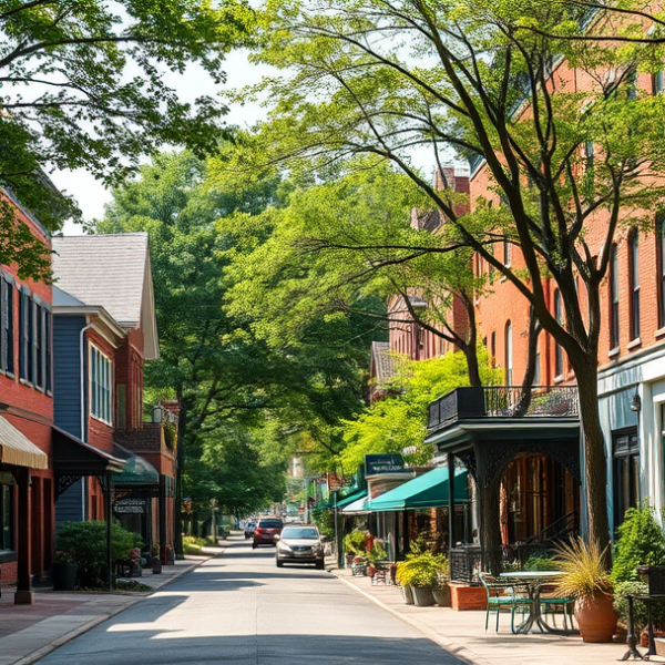 AT&T Coverage, Stores & Plans in St. Louis, Saint Louis MO 63112 A realistic, aspirational street scene in the vibrant St. Louis neighborhood of Saint Louis, MO 63112, showcasing a charming mix of historic architecture and li